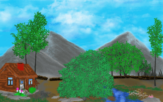 A cabin by a stream with flowers, trees and background of mountains.