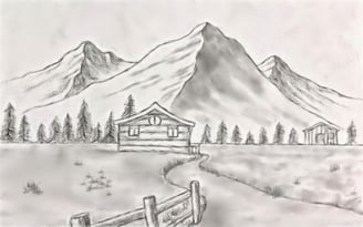 a drawing of a cabin in the mountains