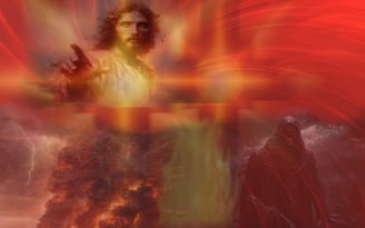 Jesus pointing at al the warmongers saying no.