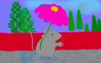 a mouse with a flower in the background is a red brick wall with trees on the other side