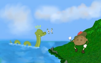 Nessie with eyes popping out watching a running haggis.