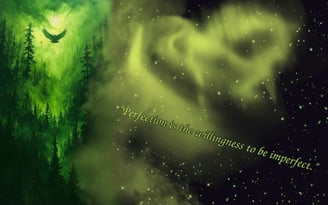 a green and white photo of a bird flying over a forest with words in Northern Lights stary night sky