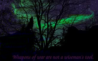 silhouette of wolf howling and trees against the Northern Lights and a sky full of stars