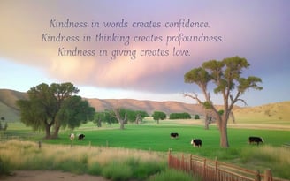 a field with trees and cows and a hilly ridgline in the background and a quote about kindness