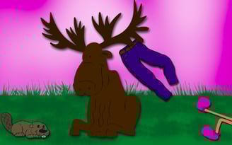 a moose with tourist pants on antler with smiling beaver in the grass