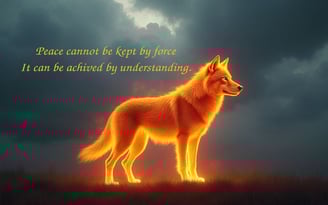 Fire wolf standing on grass with stormy background.