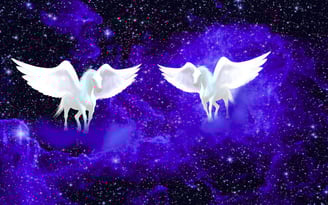 two white pegasus in the night sky on clouds  with multi colored stars all around