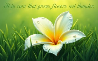 White flower with dew on the petals in the grass.