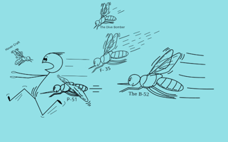 Stick figure running from many mosquitos.