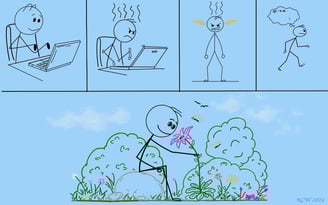Stick man frustrated with internet ,blows up, goes outside to smeel the flowers.