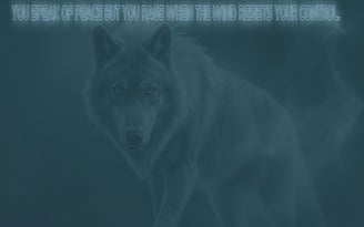 a wolf in the dark with a quote about peace and controle.