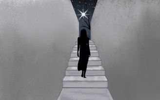 a person walking up a staircase way with a star in the sky