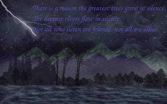 a lightning bolt bolter in the night sky with forest and mountins and words of wisdom.
