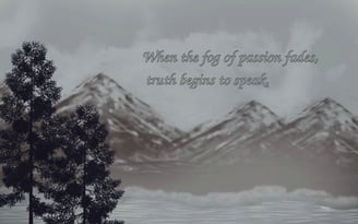 Gray scale mountain scene wtih trees and a lake.