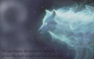 a white wolf with a quote about tranqulity