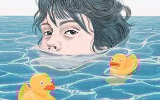 illustration of a woman with half her face submerged in the water of a tub and yellow ducks in it
