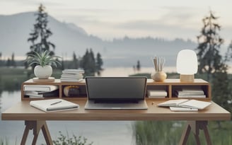 a laptop computer sitting on a desk with a laptop and a lamp