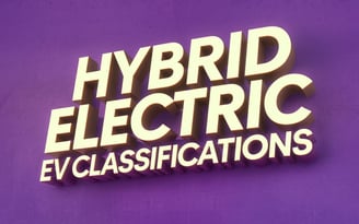 A vibrant purple background with bold, 3D golden text that reads 'Hybrid Electric EV Classifications