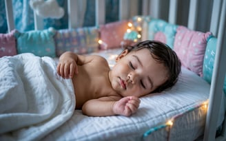 a baby is sleeping in a crib with a blanket