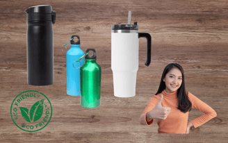 Collage of reusable beverage containers, eco friendly symbol smiling girl thumb up