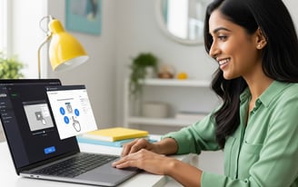 Woman creating a step-by-step video tutorial on a laptop using Guidde's AI interface.