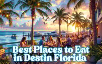 a beach with palm trees and people sitting at tables with palm trees