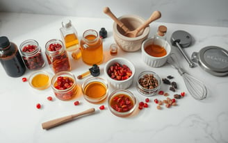 An assortment of essential DIY skincare tools arranged neatly on a white marble countertop.