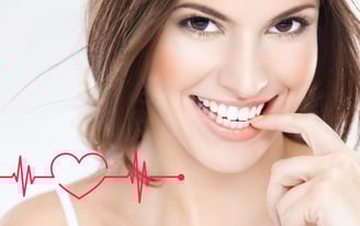 a woman with a smile on her face and a heartbeat in the background