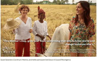 Susan Sarandon, Eve Amurri-Martino, and Heifer participant Sok Soeun © Cause Effect Agency