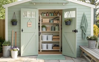 A clean and organized garden shed with tools neatly hung on a pegboard, shelves stocked with labeled bins