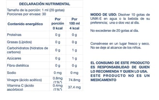 Declaración nutrimental y modo de uso de UNIKE