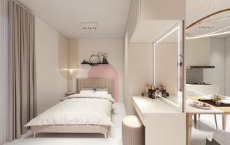 a bedroom with a bed and a desk