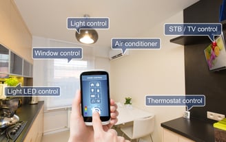 person controlling lights, windows, air conditioner, tv, thermostat with smart phone