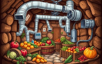  Illustration of a root cellar ventilation system, showcasing air ducts, fans, and natural air flow.