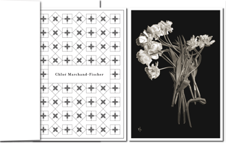 Design-Trauerkarte mit grafischem Ornament und cremefarbenem Blumenstrauß.