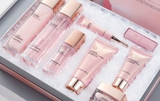 a box of beauty products including a perfume and a perfume bottle