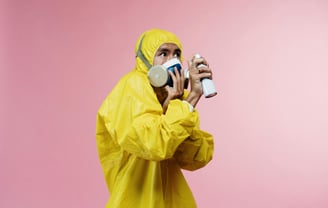 Man looking afraid in full ppe with a spray bottle