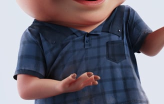 Zoom na roupa suja do personagem cartoon 3D, porco desastrado.