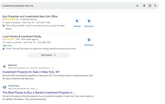 A screenshot of a search for investment properties near me, highlighting the importance of local SEO
