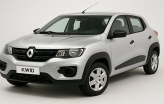 Renault Kwid prata visto de frente em estúdio com fundo branco, destacando seu design compacto e mod