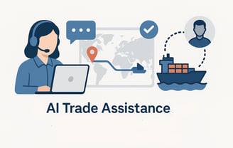 Illustration showing an AI trade assistant using a headset and laptop, a global map with a shipping route, a cargo ship track
