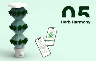 Render of Herb Harmony hydroponic tower with mobile app interface for plant monitoring.