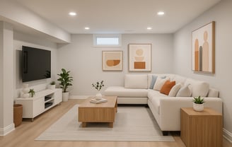 Modern basement renovation in London, Ontario with cozy living space and minimalistic decor.