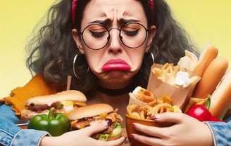 Mulher jovem com expressão triste segurando fast foods como hambúrguer, batata frita e refrigerante,