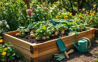 A rustic outdoor setting featuring a well-constructed wooden potato box, surrounded by green foliage