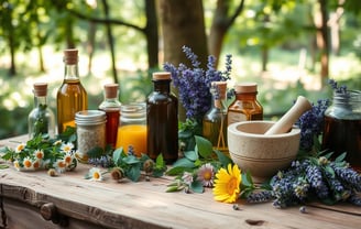 A rustic wooden table adorned with fresh herbs, like chamomile, calendula, and lavender