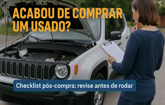 Mulher de costas, segurando uma prancheta com checklist, observa um Jeep Renegade branco com o capô