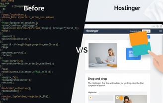 complex code vs. Hostinger's drag-and-drop website builder with an element being moved.