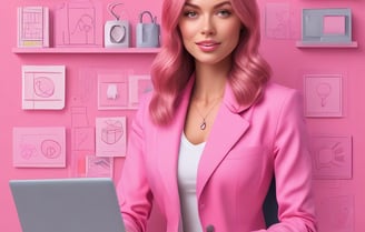 a woman in a pink suit is sitting at a desk