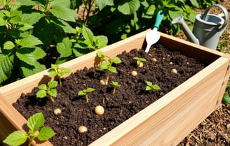 A rustic wooden potato box filled with rich soil, freshly planted potato seeds peeking out.